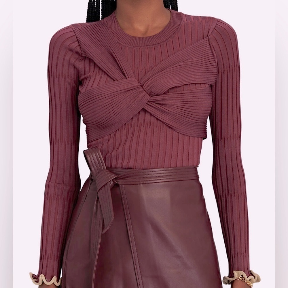 NWT JONATHAN SIMKHAI Nolan Long Sleeve Ribbed Top Twist Bow Maroon Merlot Size S